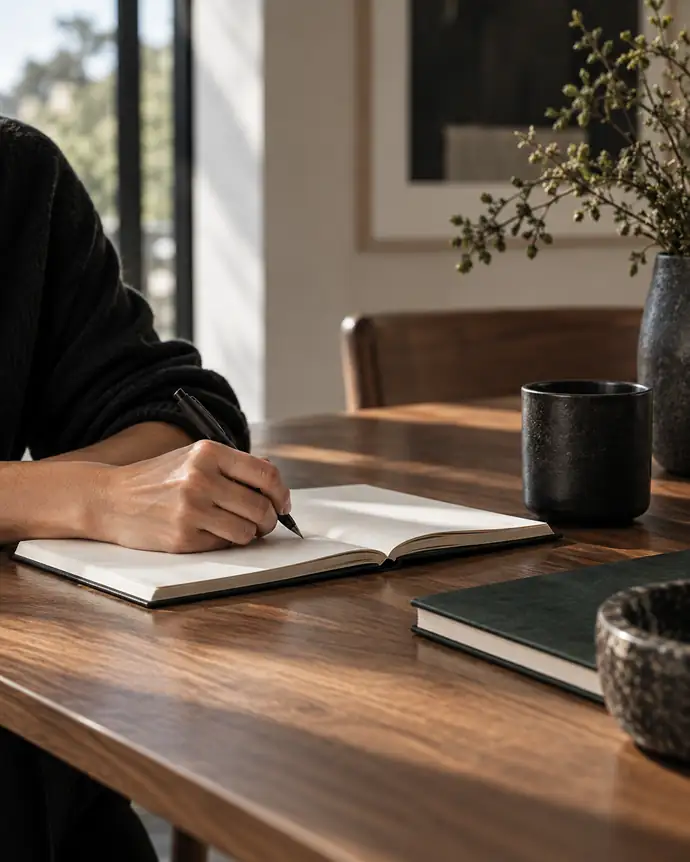 Hand schrijft in open notitieboek op houten tafel